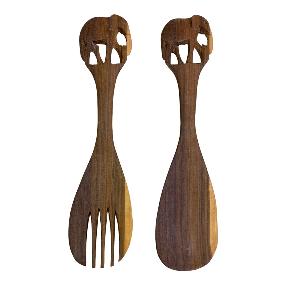 NEW Artisan African Elephant Wood Hand Carved Salad Serving Utensils Fork Spoon